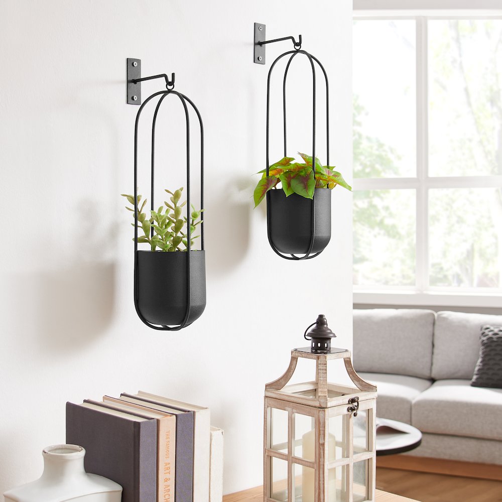 Walter 2-Piece Black Metal Oval Hanging Planter Set with Chain Hanging Option. Picture 2