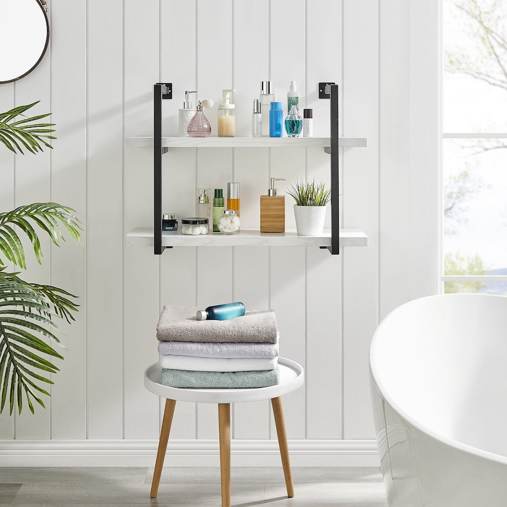 Modern 2-Tier Hanging Bracket Wall Shelves in Black Metal and White Birch Finish. Picture 5
