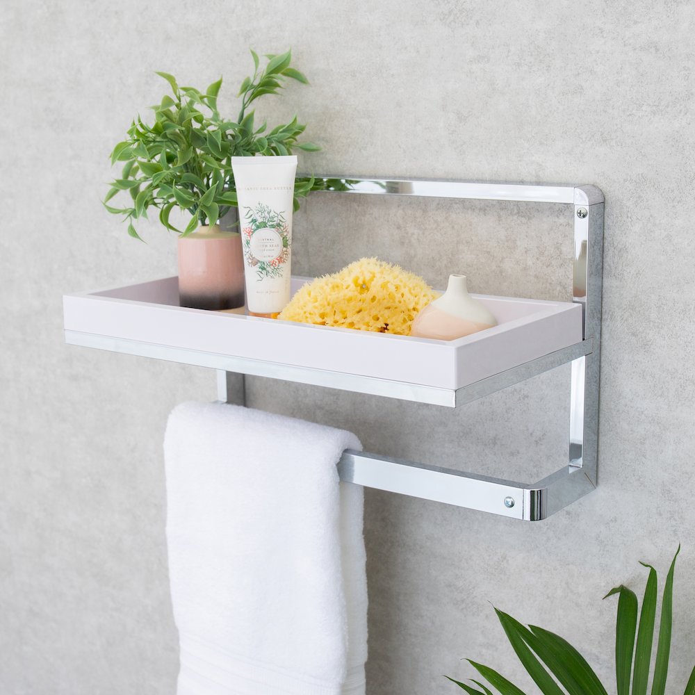 Bathroom Wall Mounted Chrome Towel Rack and Shelf with Removable White Tray. Picture 2