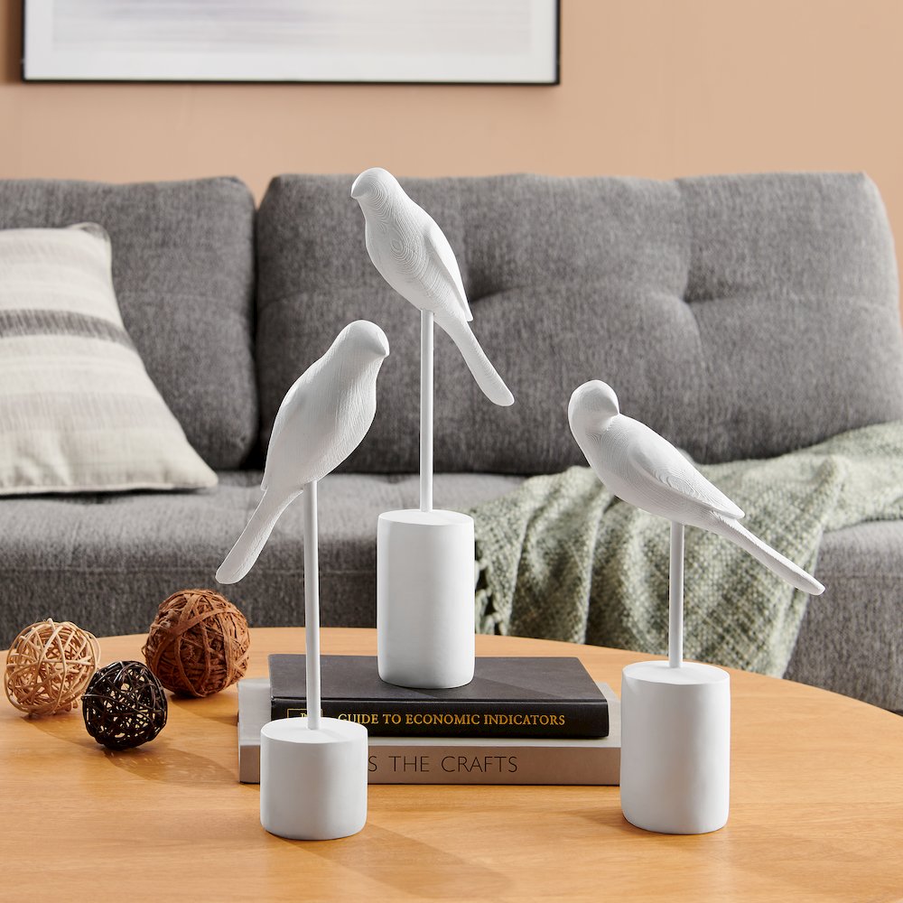 Ren Bird Perched White Ornament Sculpture Figurines - Set of 3. Picture 2