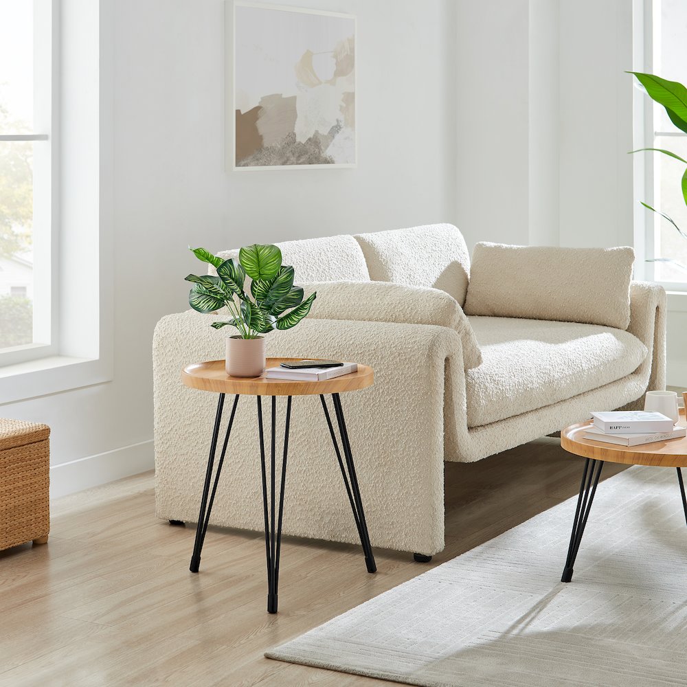 Tadao Raised Lip Edge Side Table with Black Metal Hairpin Legs - Round - Bamboo. Picture 5