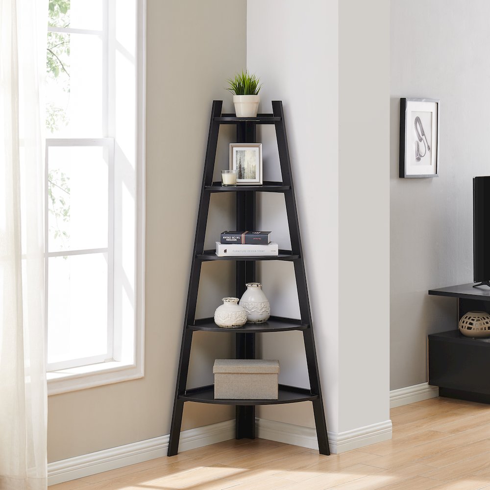 Decorative Free-Standing 5-Tier Pyramid Corner Ladder Shelves – Black. Picture 2
