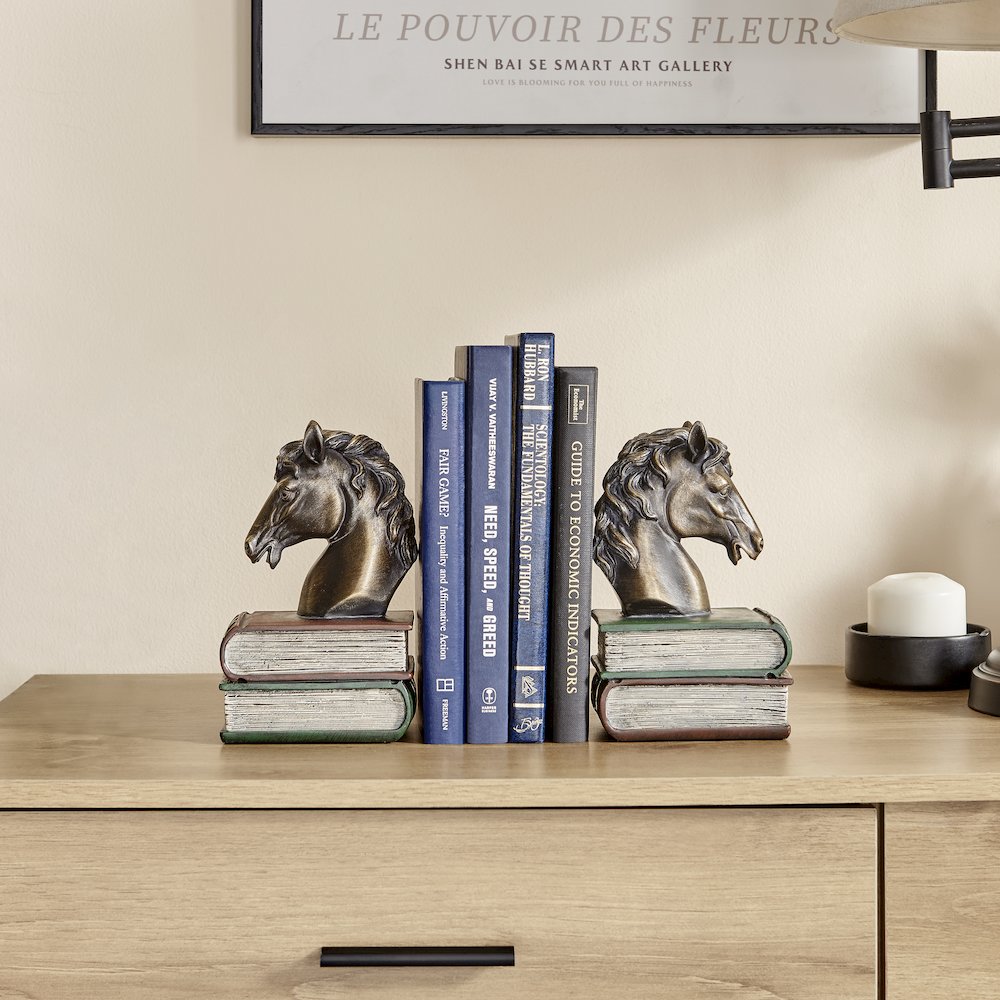 Horses on Books Polyresin Antique Patina Finish Bookend Set of 2. Picture 4