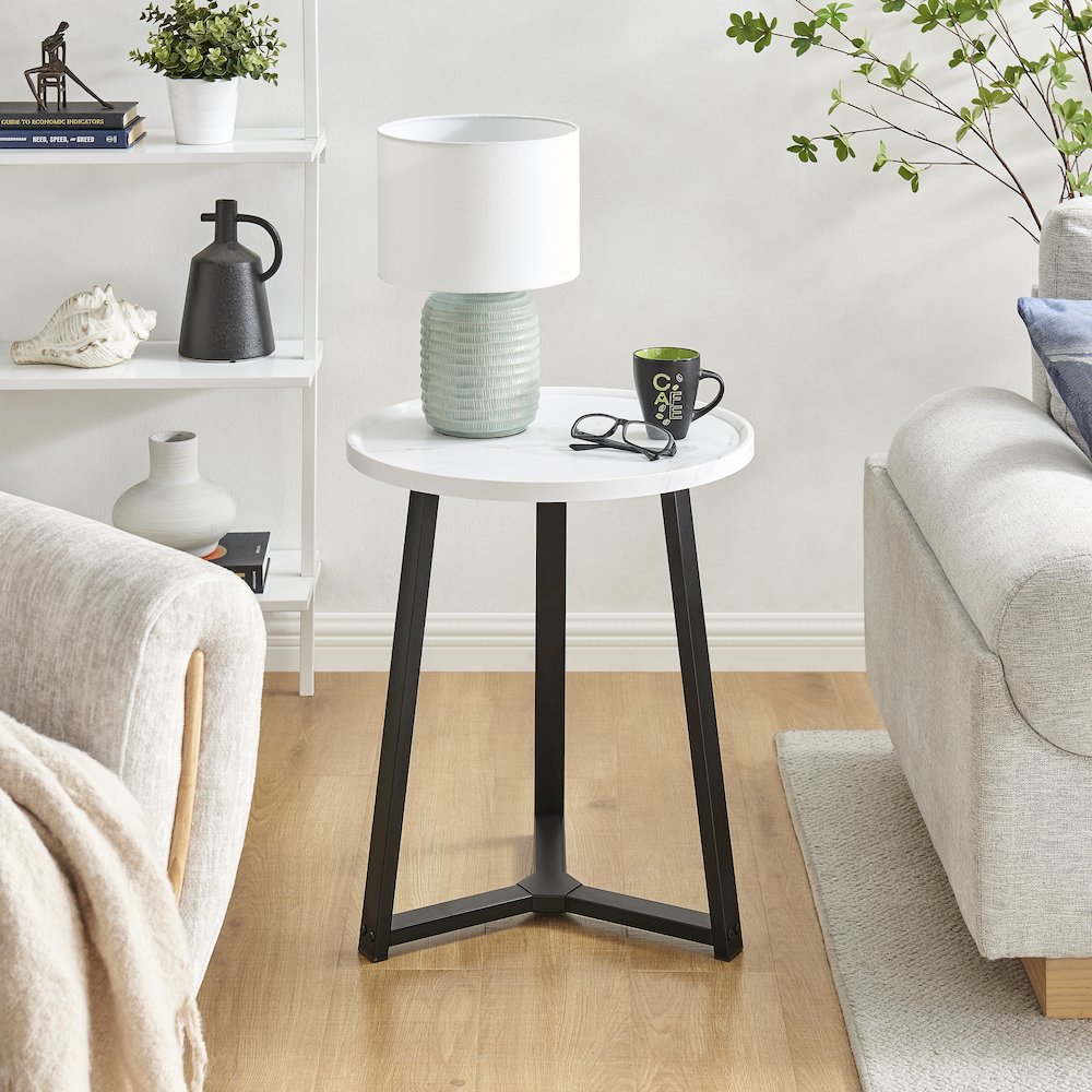 Harper Midcentury Round Raised Lip Edge Side Accent Table - White Marble/Black. Picture 4