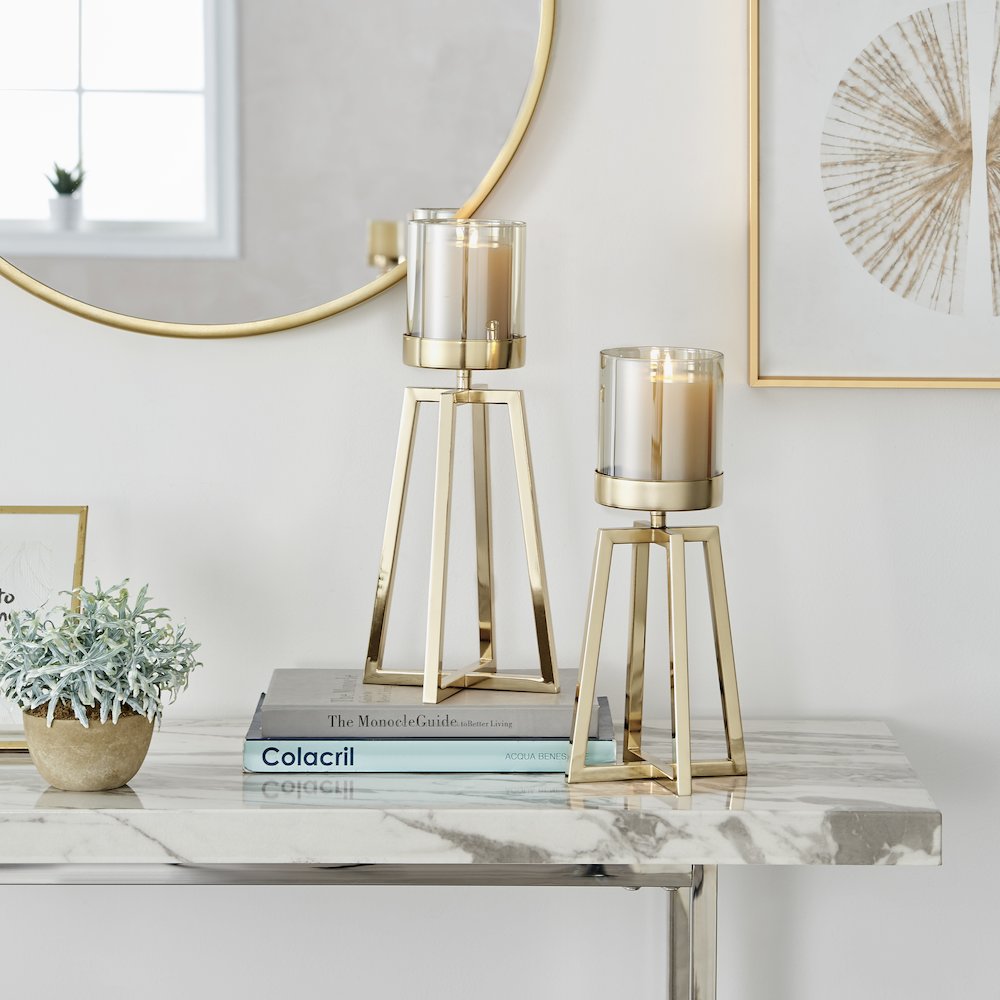 Maeve Tinted Glass Warm Gold Pedestal Hurricane Candle Holders - Set of 2. Picture 3