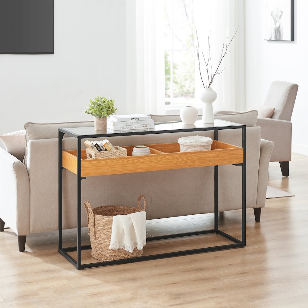 Saarinen 2-Level Sunken Glass Display Shelf Rectangle Console Table - Golden Oak. Picture 7