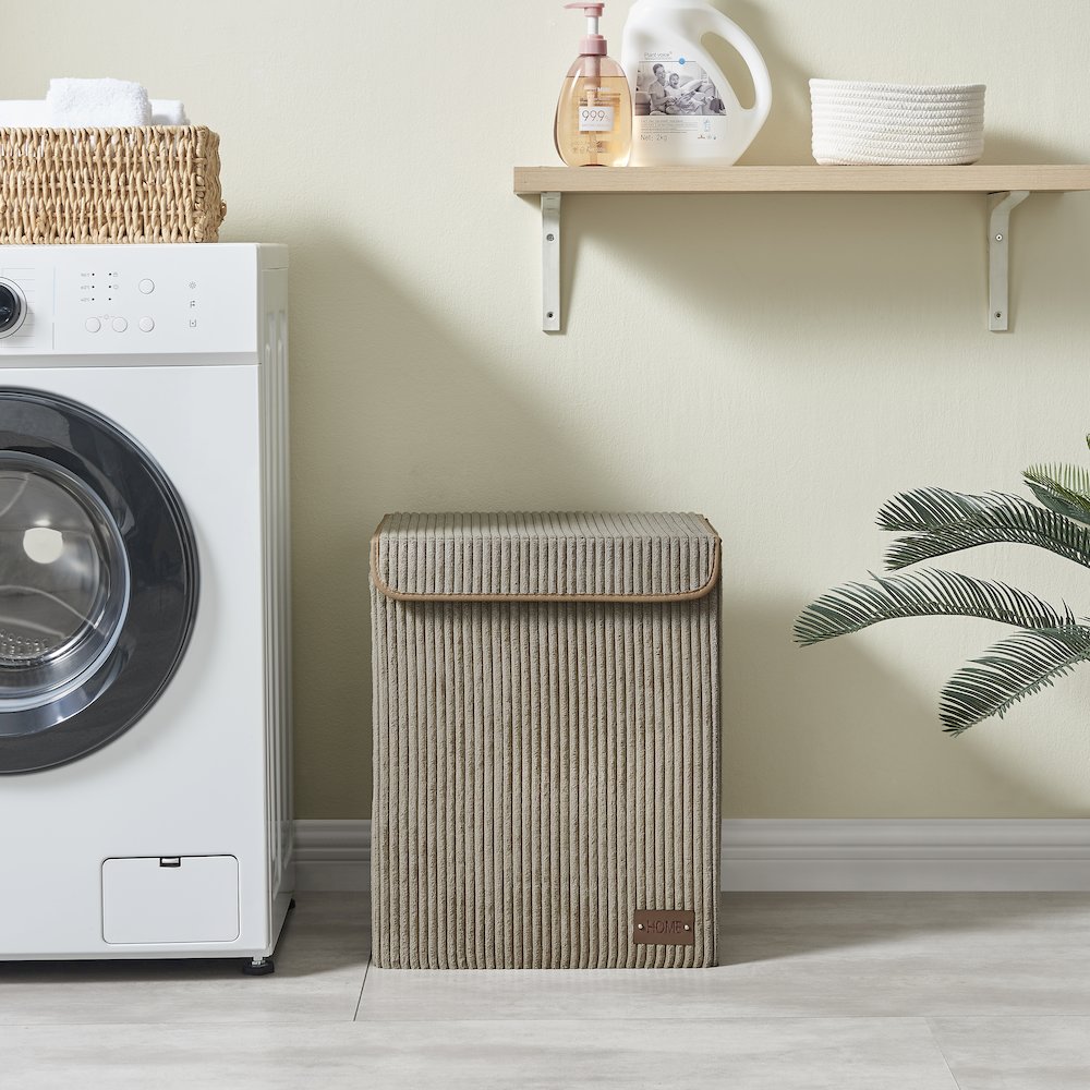 Collapsible Folding Corduroy Laundry Hamper Storage - Taupe Gray. Picture 5