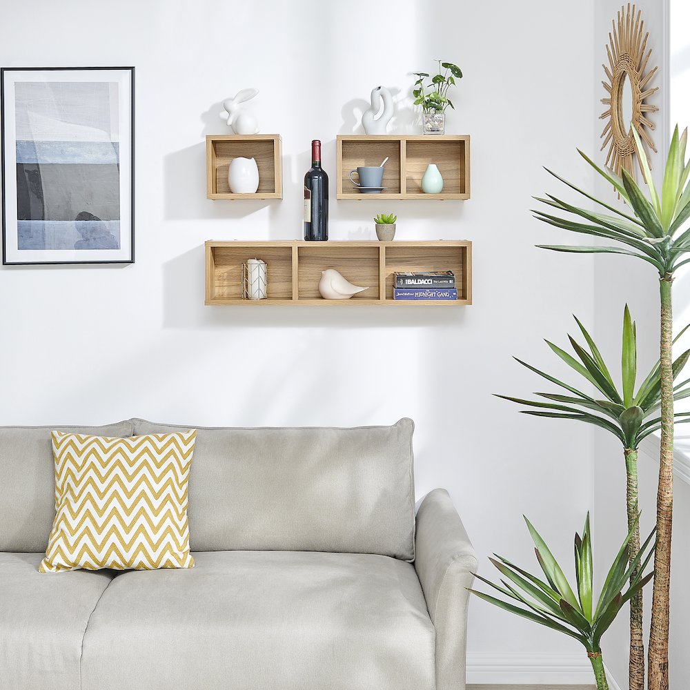Bauhaus Floating Geometric Cubby Wall Shelves - Set of 3 Sizes - Chestnut. Picture 4