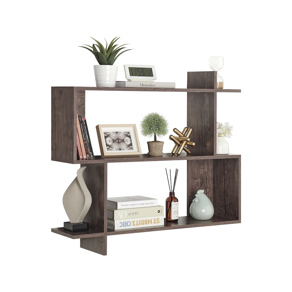 Manasa Floating Geometric Kilter Two-Tier Wall Shelf - Hickory. Picture 9