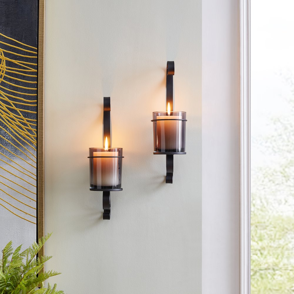 Vintage Black Wall Sconce Candle Holder Set (2) with Smoke Glass Hurricanes. Picture 2