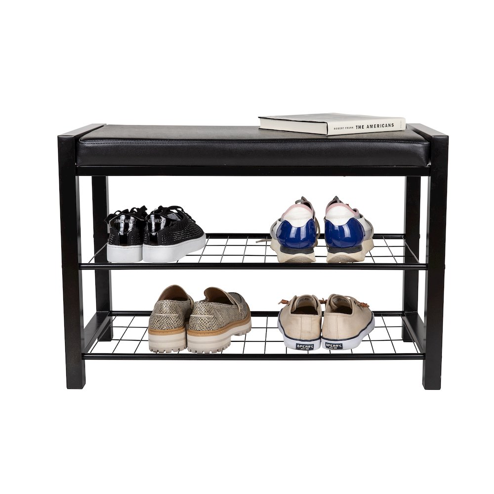 Black Leatherette Entryway Bench with Two Black Metal Shoe Racks. Picture 6