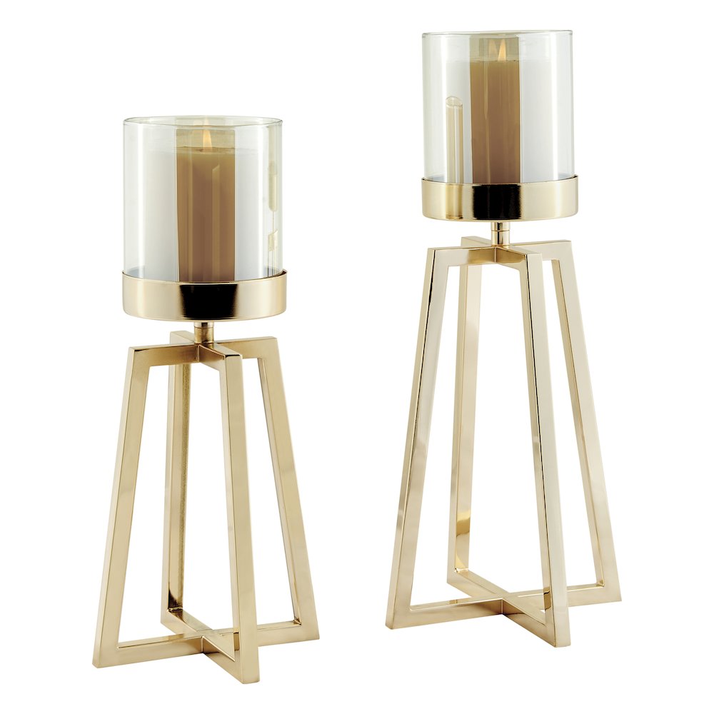 Maeve Tinted Glass Warm Gold Pedestal Hurricane Candle Holders - Set of 2. Picture 8