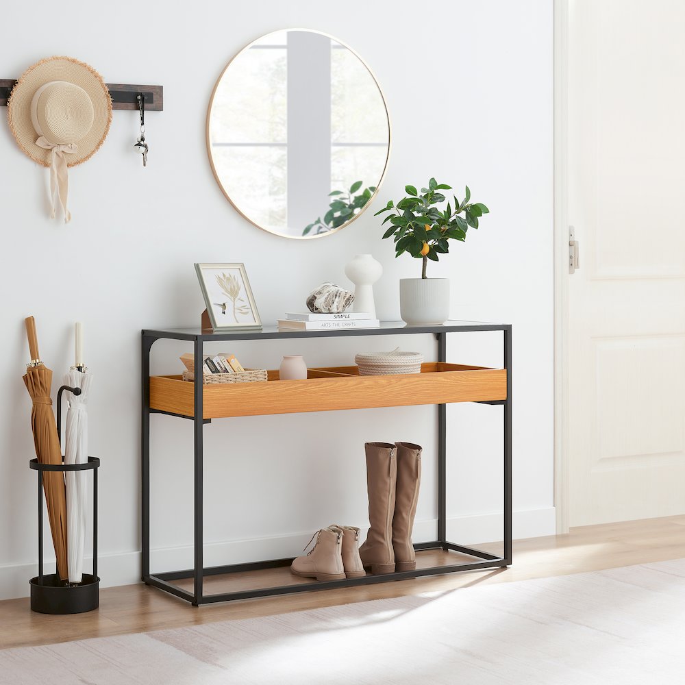 Saarinen 2-Level Sunken Glass Display Shelf Rectangle Console Table - Golden Oak. Picture 5