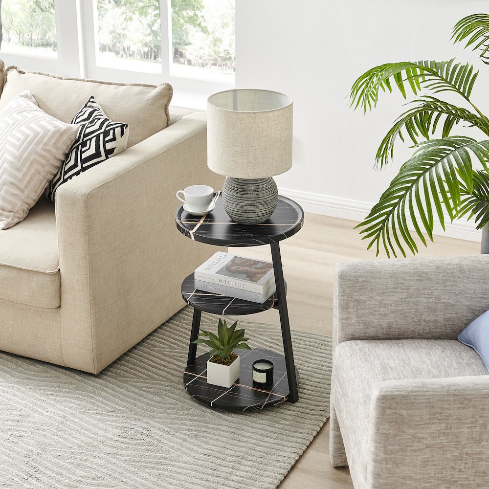 Skylar Round 3-Tier Side Accent Table with Raised Lip Edge - Black Marble/Black. Picture 7