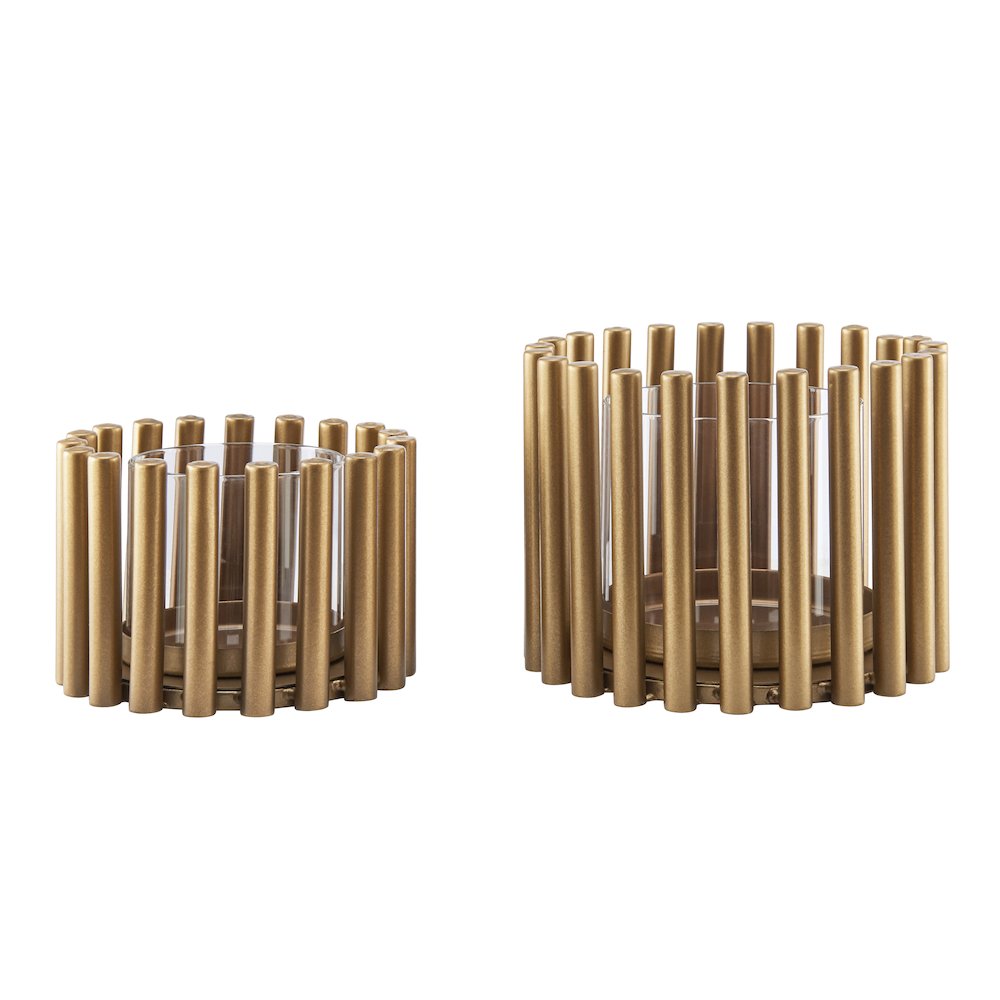 Pela Pillar Ring Warm Gold Midcentury Votive Hurricane Candle Holders - Set of 2. Picture 1
