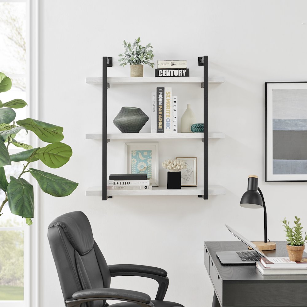 Modern 3-Tier Hanging Bracket Wall Shelves in Black Metal and White Birch Finish. Picture 4