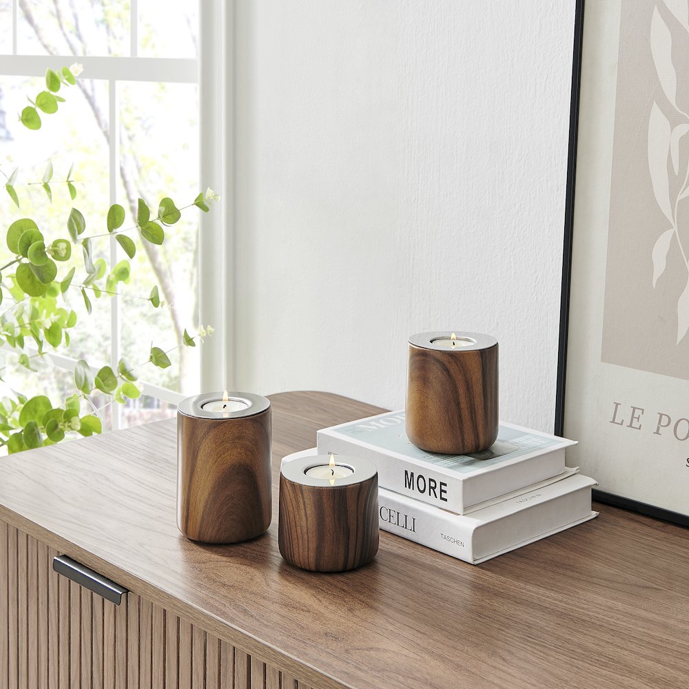 Hemming Modern Walnut Finish Three Piece Tealight Candle Holder Tabletop Set. Picture 3