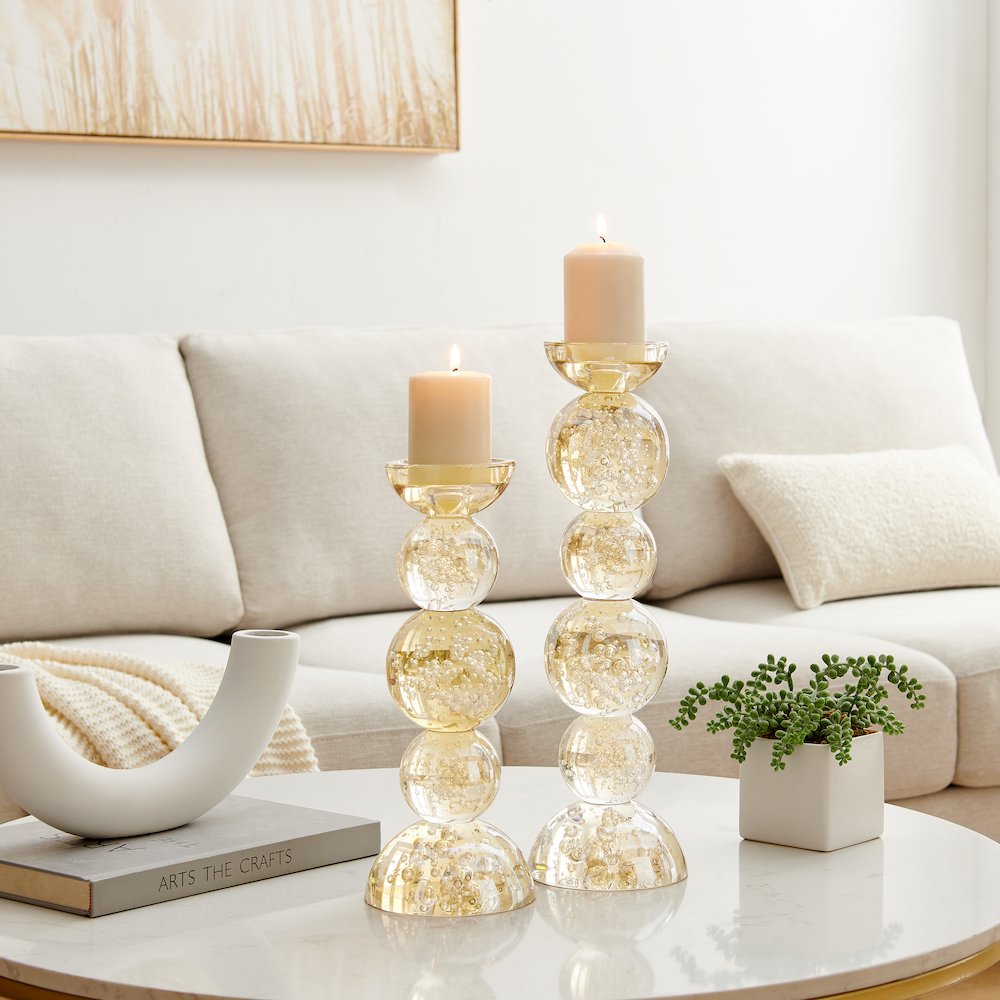 Enya Champagne Gold Tint Bubble Glass Stacked Orb Pillar Candle Holder Set of 2. Picture 2