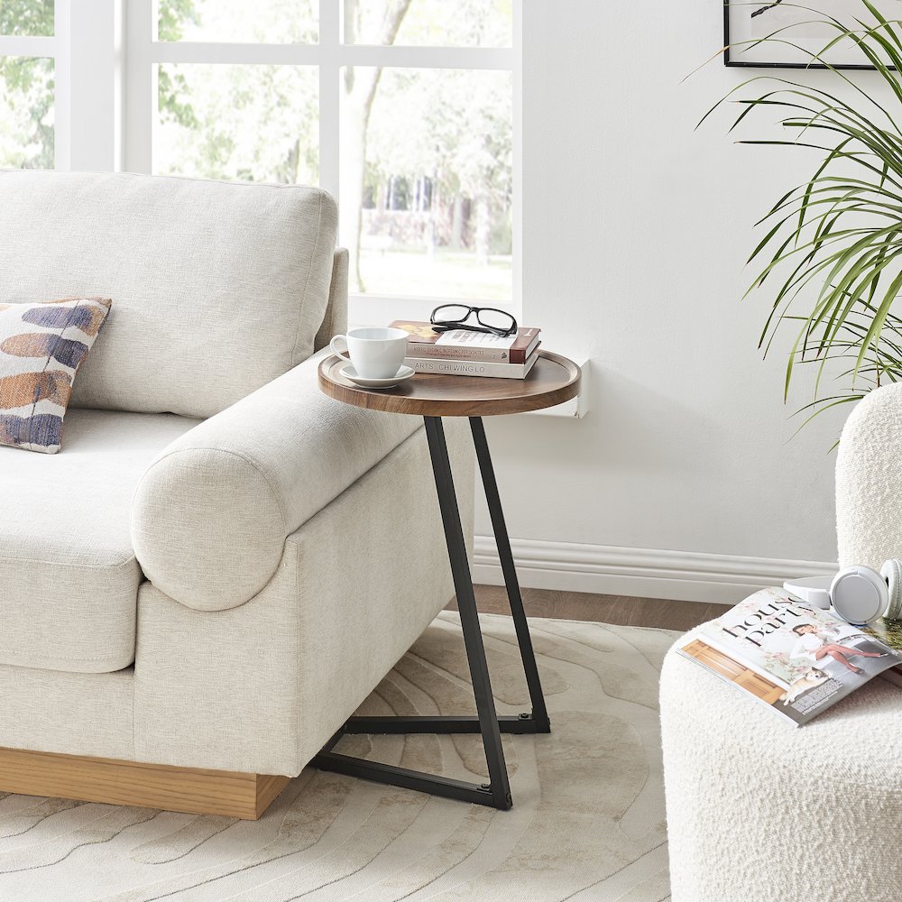 Addison Round Raised Lip Edge Angled Couch-Side Accent C-Table - Walnut/Black. Picture 2