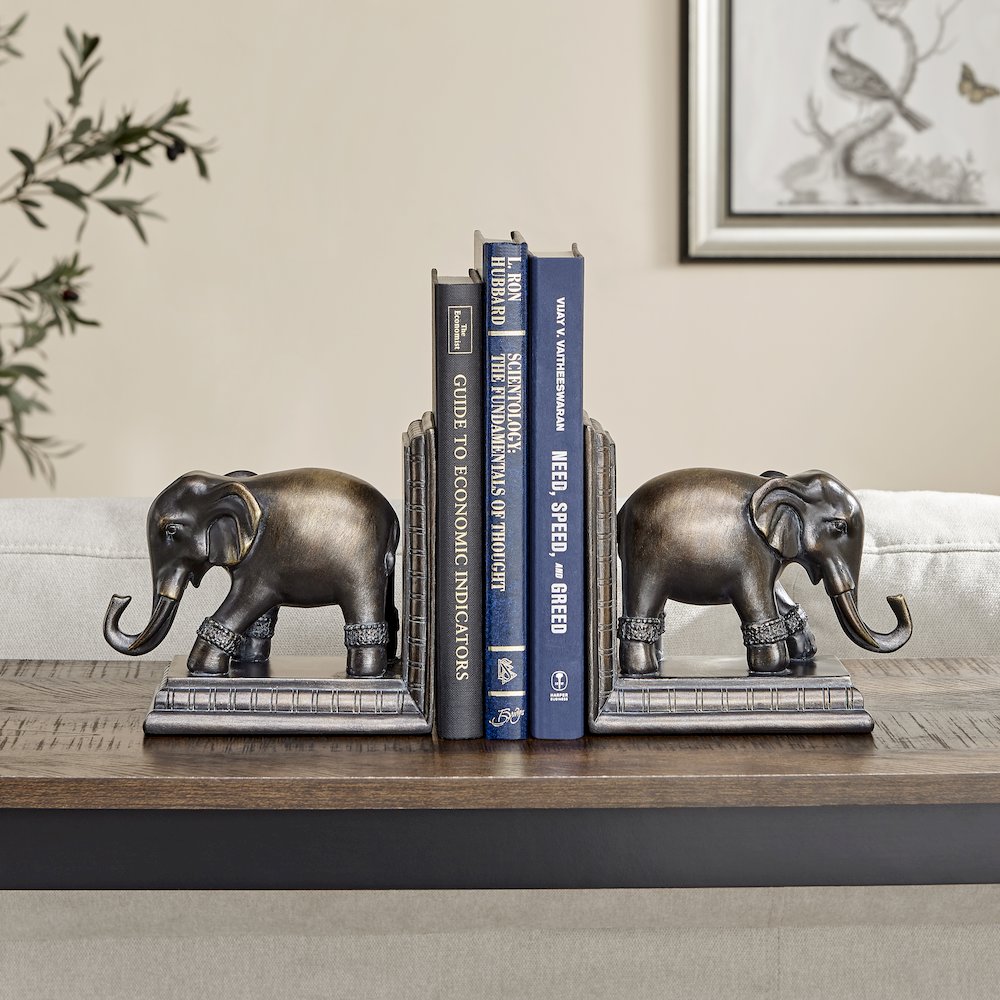 Ornate Elephants Polyresin Bronze Patina Finish Bookend Set of 2. Picture 4