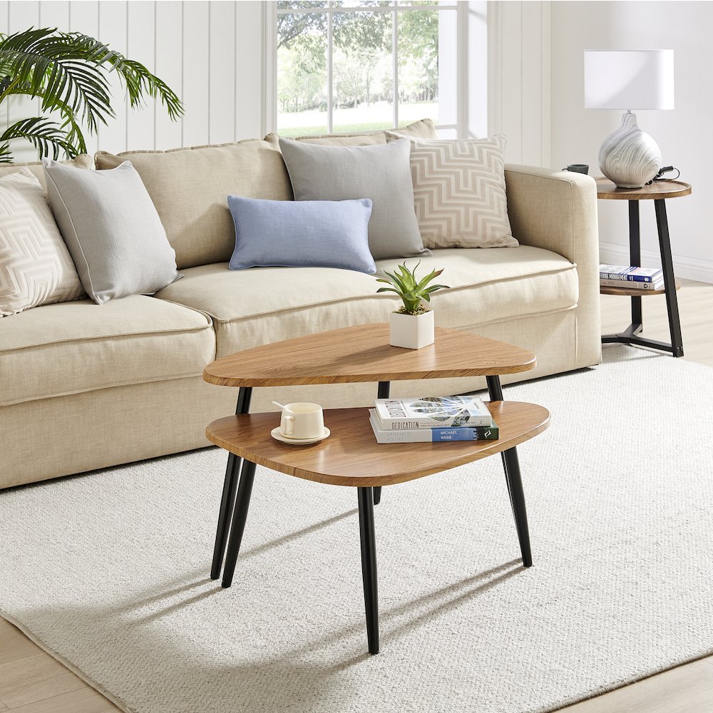 Aurora Oval Teardrop 2 Piece Semi-Nested Coffee Table Set - Natural Brown/Black. Picture 3