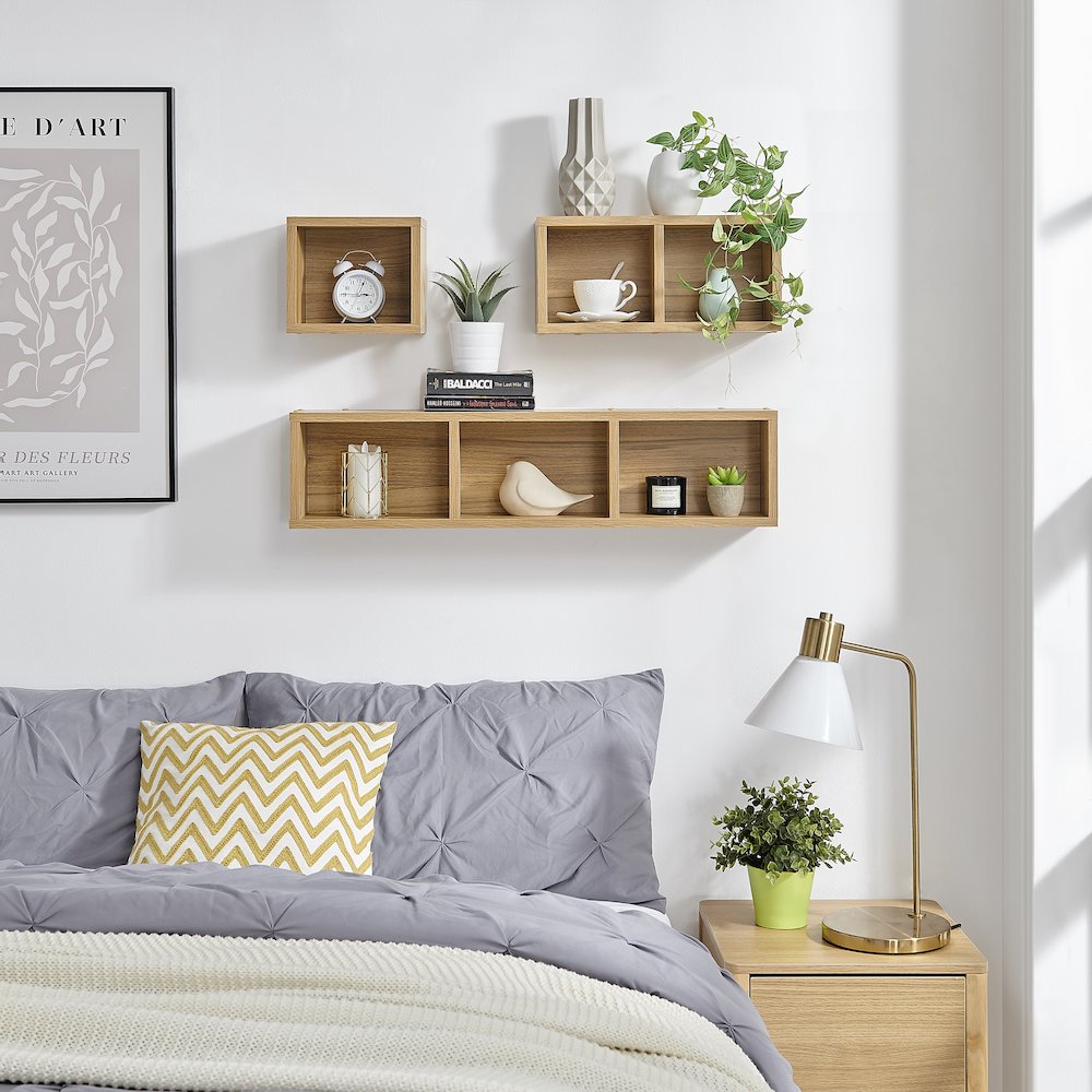 Bauhaus Floating Geometric Cubby Wall Shelves - Set of 3 Sizes - Chestnut. Picture 3