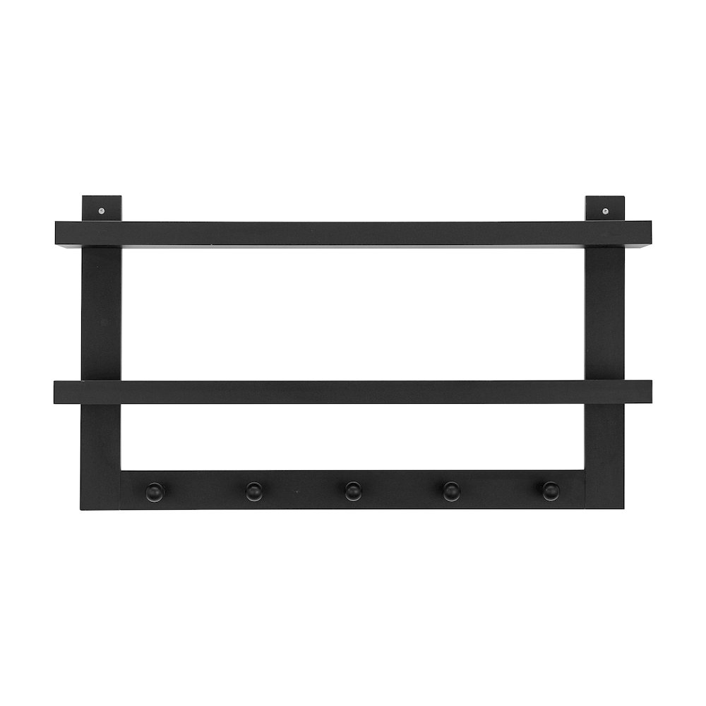 2-Tier Ledge Wall Shelf Organizer with 5 Hanging Coat or Towel Hooks - Black. Picture 1