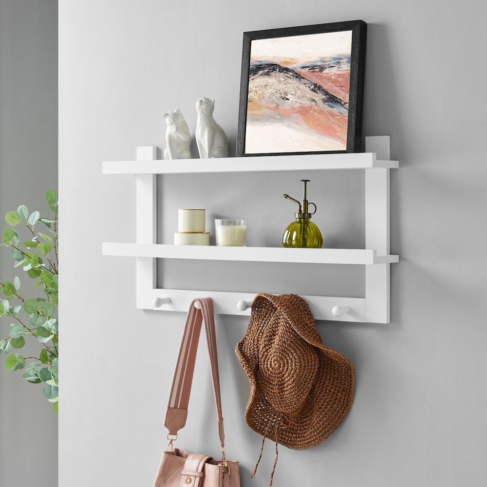 Two-Tier Ledge Shelf Wall Organizer with Five Hanging Hooks - White. Picture 3