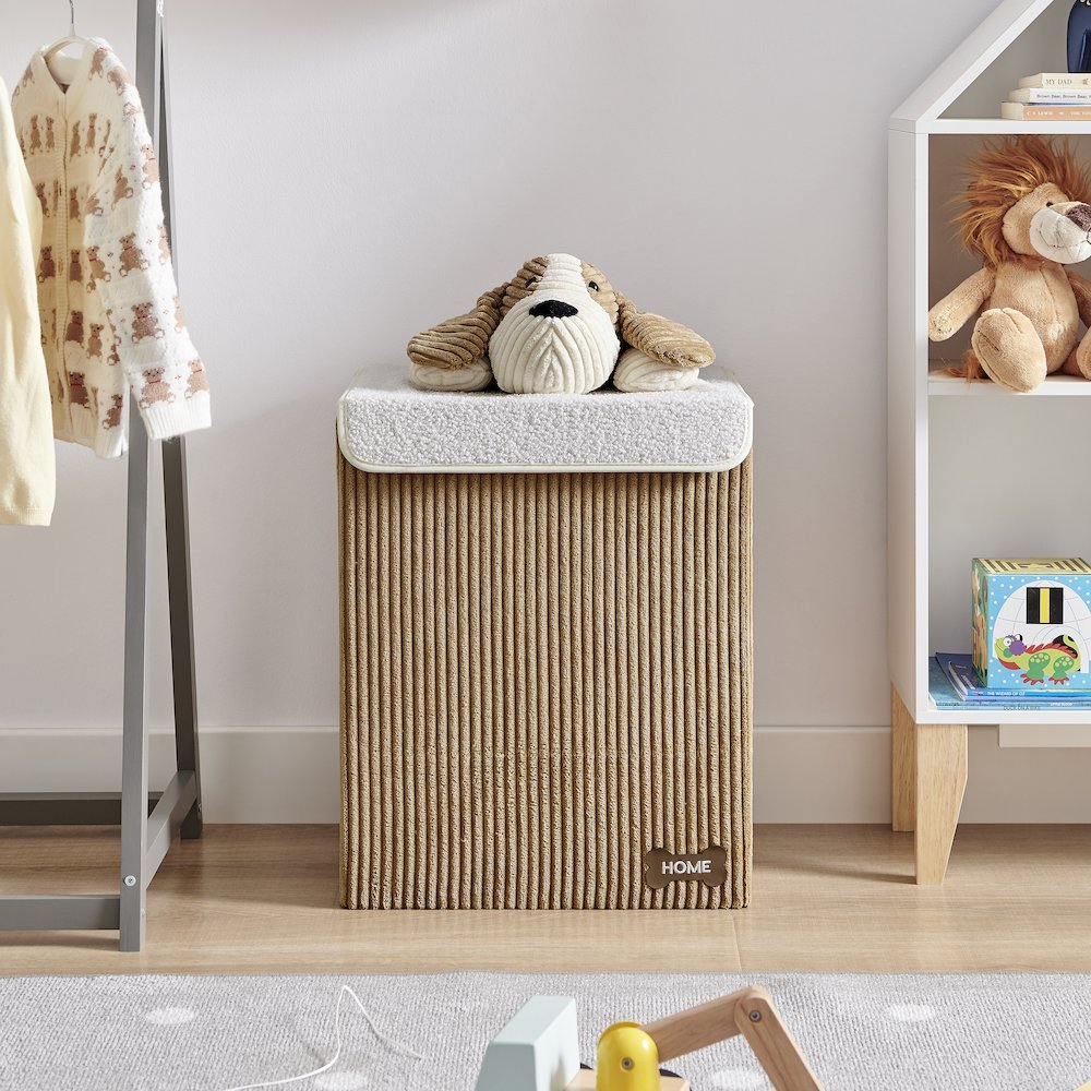 Collapsible Folding Corduroy Kids Plush Laundry Hamper Storage Brown/White Dog. Picture 2