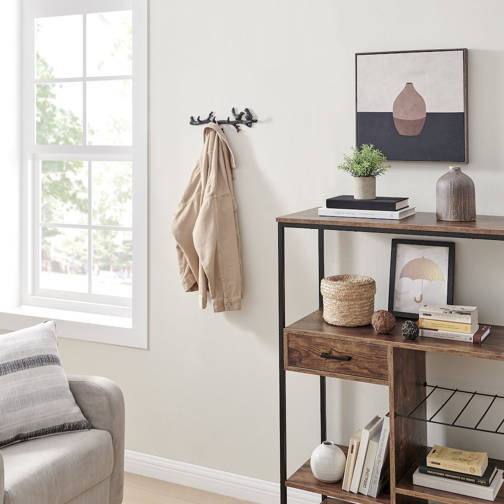 Dark Brown Cast Iron Birds on Tree Branch Wall Sculpture Utility 4 Hook Unit. Picture 4