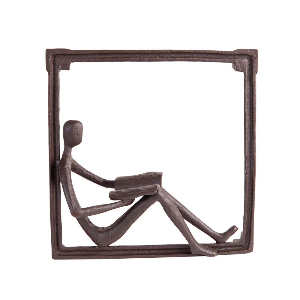 Man Reading on a Window Sill Hanging Wall Art Iron Sculpture. Picture 1