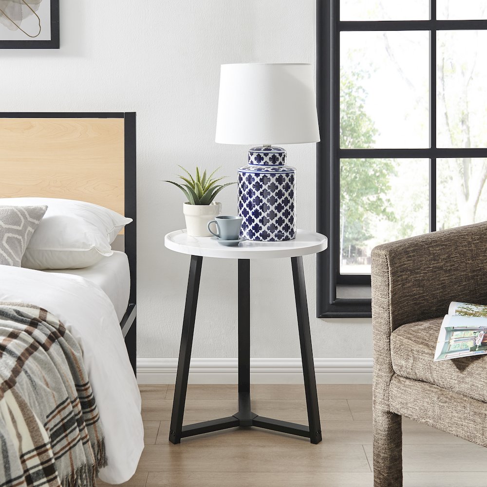 Harper Midcentury Round Raised Lip Edge Side Accent Table - White Marble/Black. Picture 3
