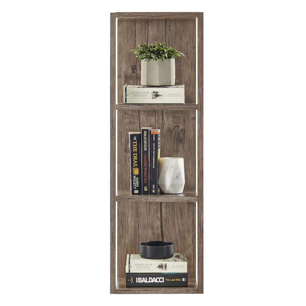Recife Vertical Three-Tier Modern Shadow Box Cube Display Wall Shelf - Hickory. Picture 13