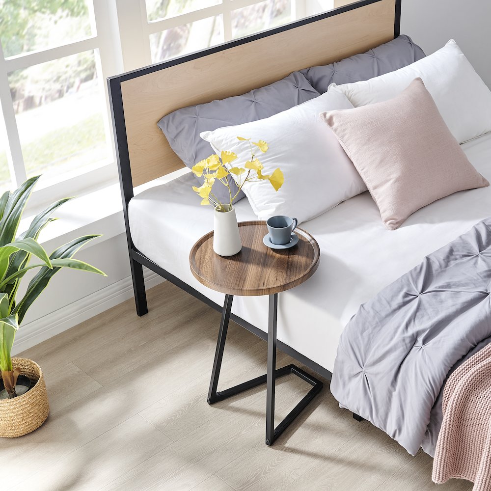 Addison Round Raised Lip Edge Angled Couch-Side Accent C-Table - Walnut/Black. Picture 5