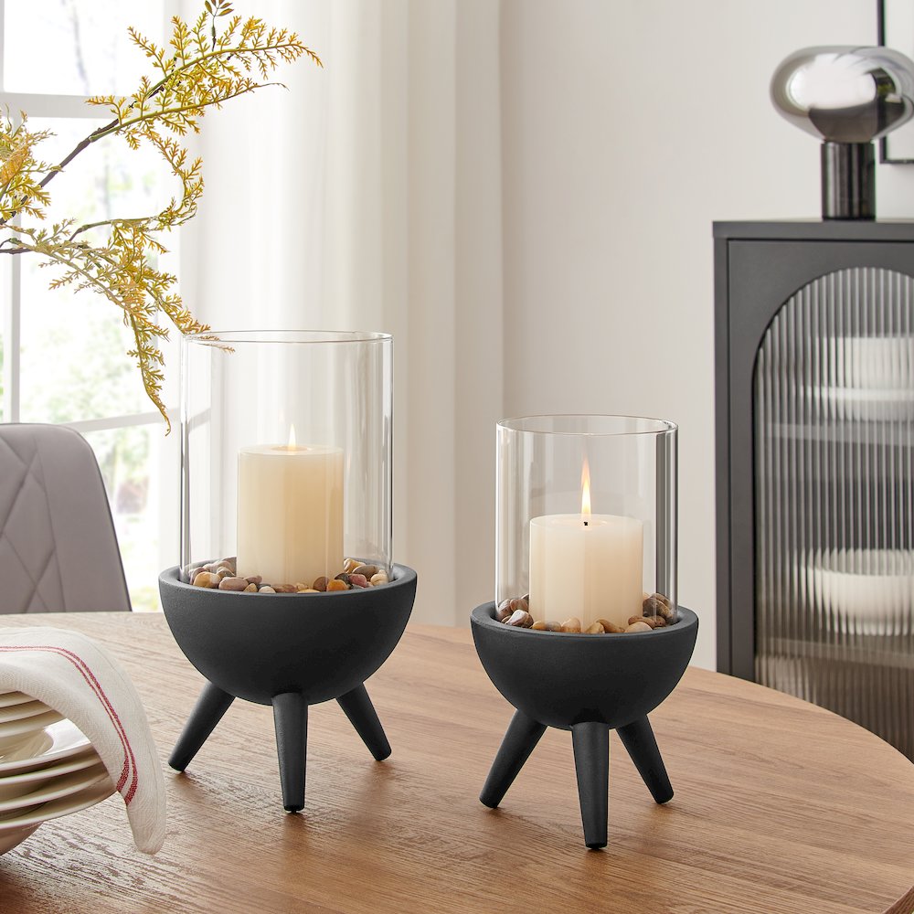 Molta Modern Black Metal Pedestal Glass Pillar Hurricane Candle Holder - Large. Picture 9