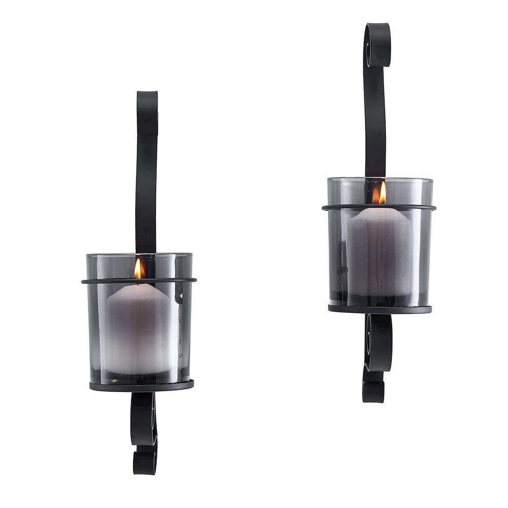 Vintage Black Wall Sconce Candle Holder Set (2) with Smoke Glass Hurricanes. Picture 4