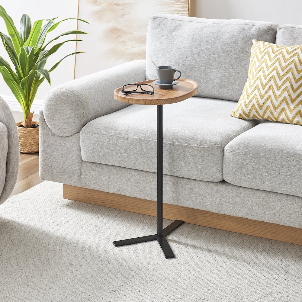 Carter Oval Teardrop Couch-Side Accent C-Table Y-Shape Leg - Natural Brown/Black. Picture 6