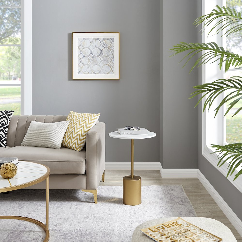 Fritz Pedestal Side Accent Table with Gold Metal Base Genuine White Marble Stone. Picture 6
