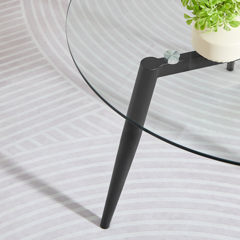 Van Beuren Coffee Side  Table Set Metal Taper Legs Clear Glass Tabletop - Black. Picture 8