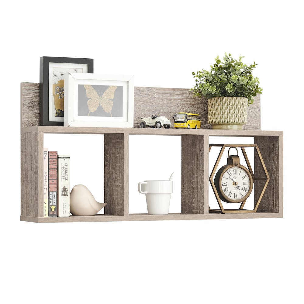 Modern 3 Cube Floating Cubby Wall Shelf with Display Ledge - Oak. Picture 9
