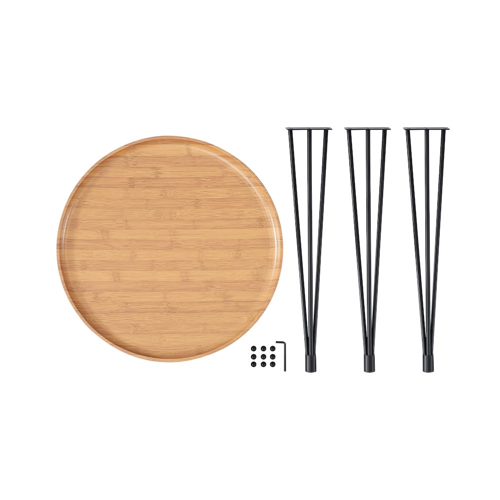 Tadao Raised Lip Edge Side Table with Black Metal Hairpin Legs - Round - Bamboo. Picture 10
