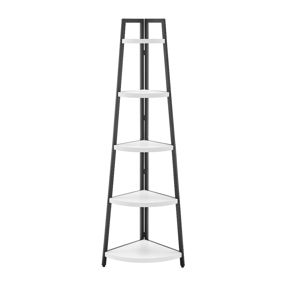 Free-Standing 5-Tier Pyramid Corner Shelf in Black Metal with White MDF Shelves. Picture 1