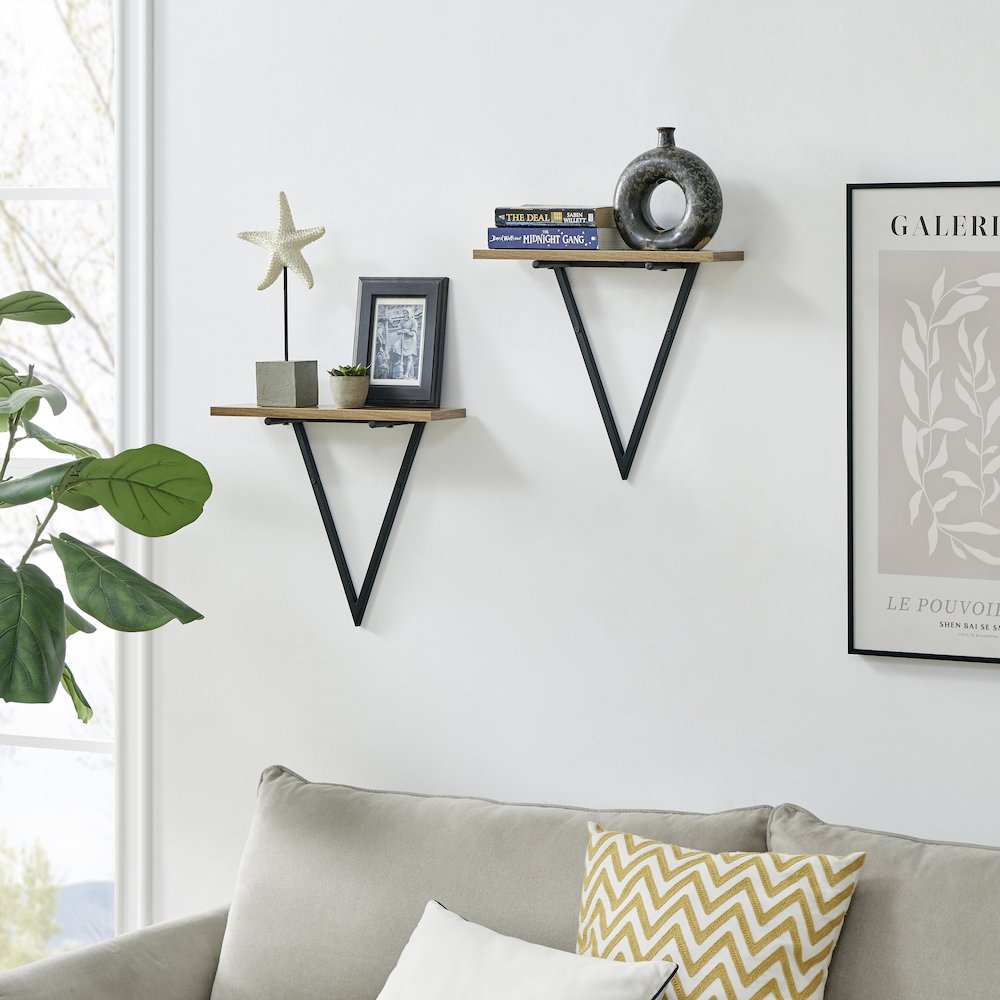 Triangle Accent Wall Shelf Reversible Configuration - Black Metal Walnut Finish. Picture 5