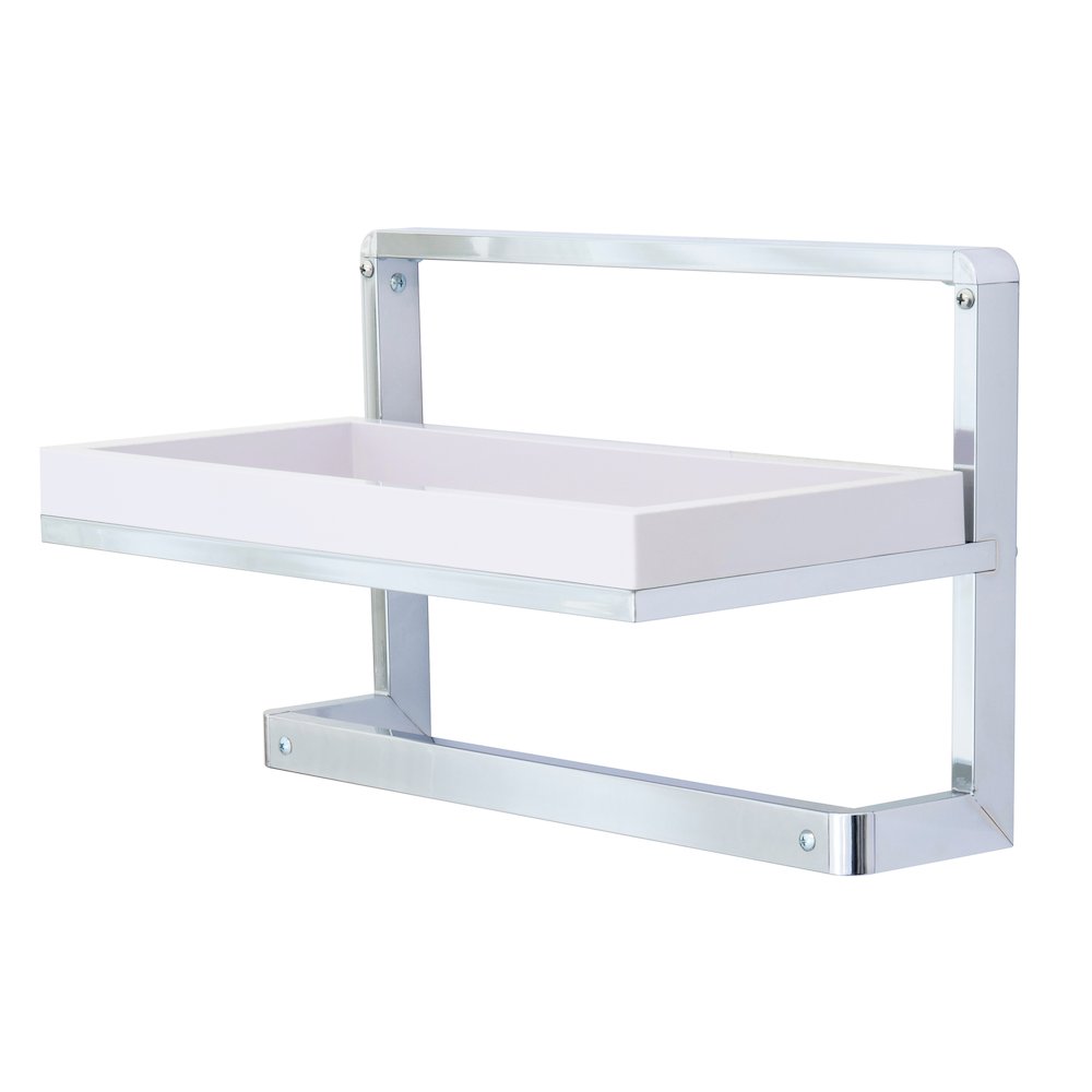 Bathroom Wall Mounted Chrome Towel Rack and Shelf with Removable White Tray. Picture 1