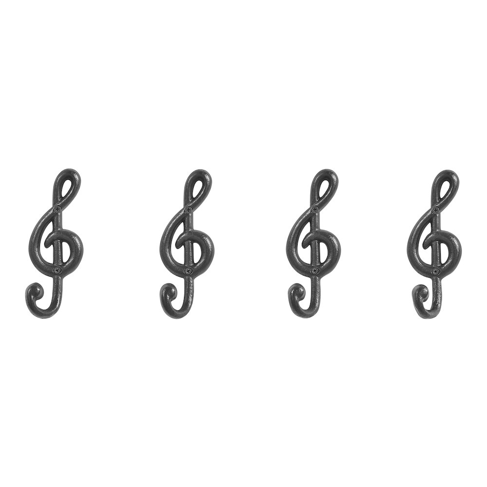 4 Piece Dark Brown Iron Musical Note Treble Clef Wall Sculpture Utility Hooks. Picture 1