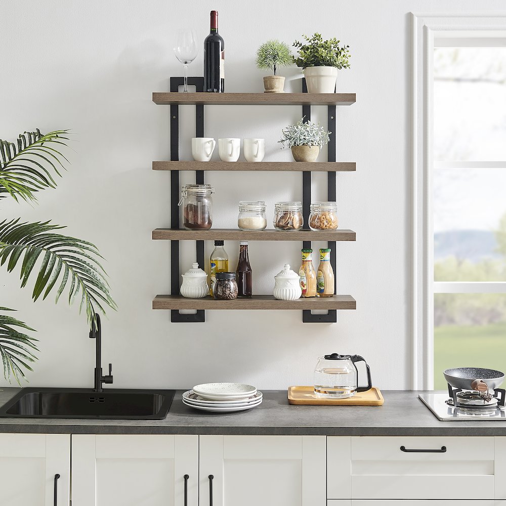 4-Tier Floating Bracket Wall Shelf - Black Metal and Walnut Finish. Picture 3