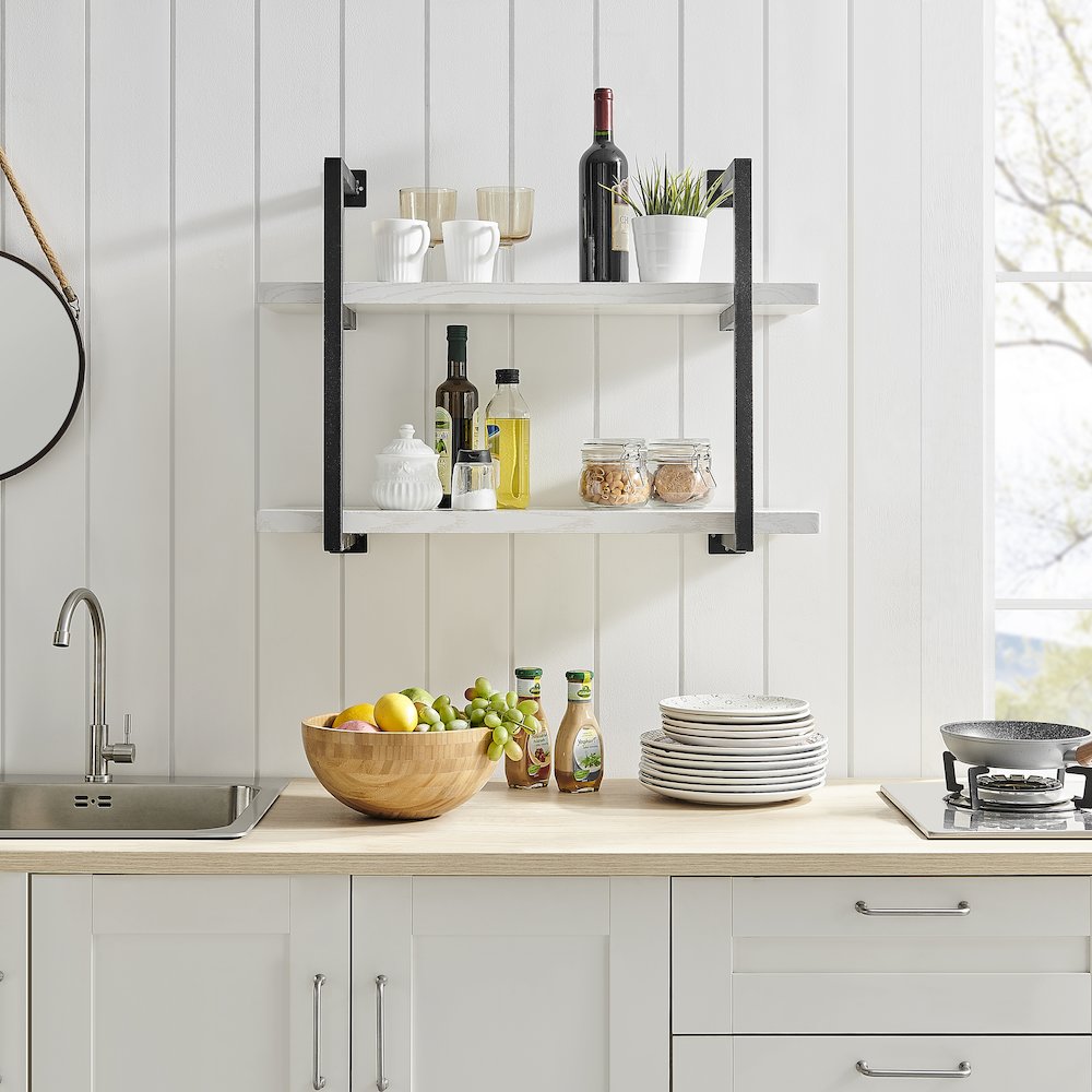 Modern 2-Tier Hanging Bracket Wall Shelves in Black Metal and White Birch Finish. Picture 4