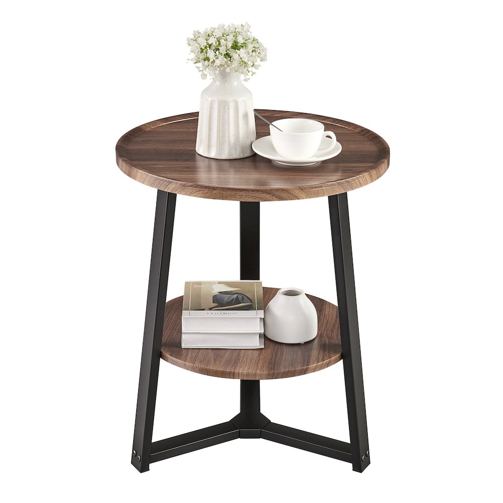 Mason Round 2-Tier Side Accent Table Raised Lip Edge Tabletop - Walnut/Black. Picture 12