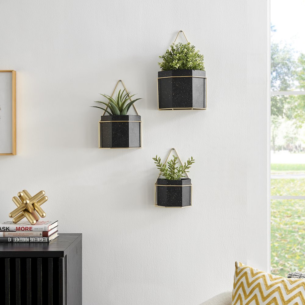 Modern Geometric Black and Gold Metal Wall Planters - Set of 3. Picture 2