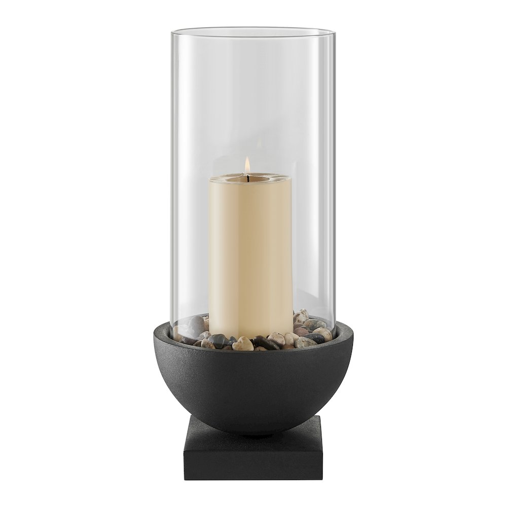 Black Metal Pedestal and Glass Pillar Hurricane Candle Holder - Large. Picture 1